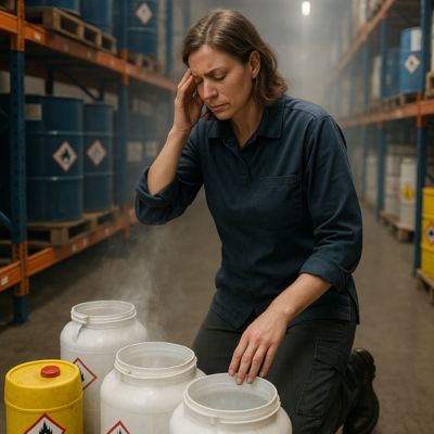 vooraanzicht van vrouwelijke magazijnmedewerker met bruin haar, haar hand op haar voorhoofd en haar ogen gesloten om te simuleren dat ze hoofdpijn heeft. Ze zit op haar knieën voor een pallet waarop verschillende witte en gele vaten staan, waarop waarschu