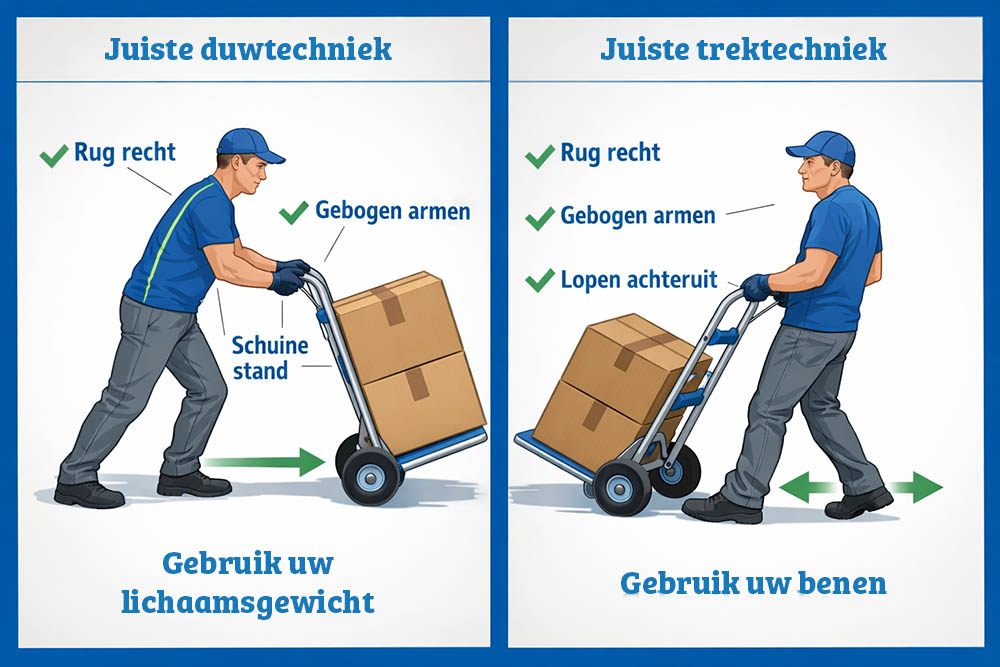 Juiste duw en trektechniek van een steekwagen