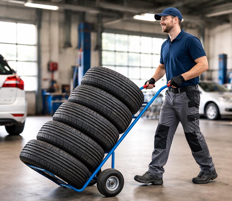 man die banden vervoerd met steekwagen