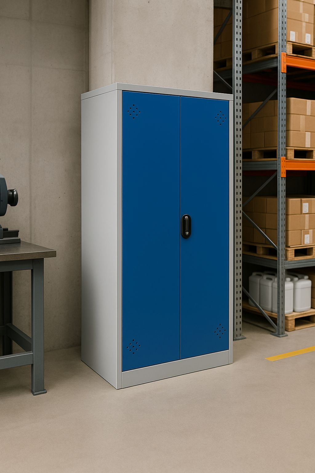 Mileukast in het magazijn, als voorbeeld van een veliige postie. Hij staat naast een werkplaats en een stelling, buiten het rijpad, zodat er geen botsingen kunnen ontstaan. 