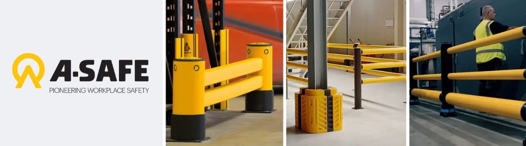 a-safe brand banner met het merk van a-safe, en drie foto's. Op de eerste foto een gele kunststof stellingaanrijdingsbeveiligingsrail met op de achtergrond een oranje pallettruck. Op de tweede foto een foto van boven in een magazijn waar gele rails aan be