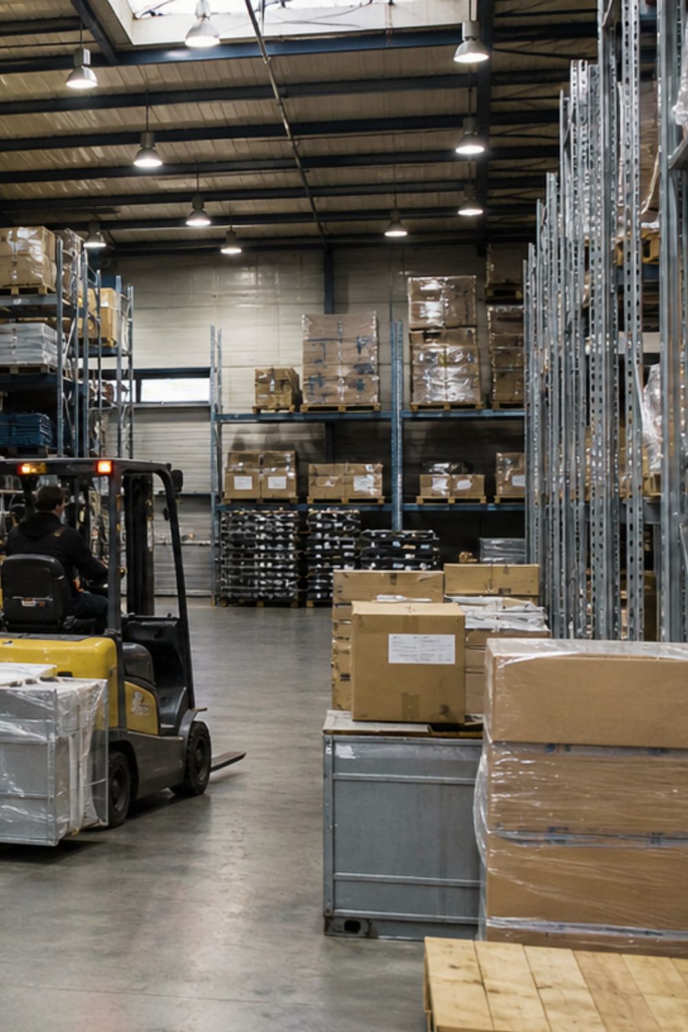 Vol magazijn inefficiënt door pallets en dozen in het gangpad.